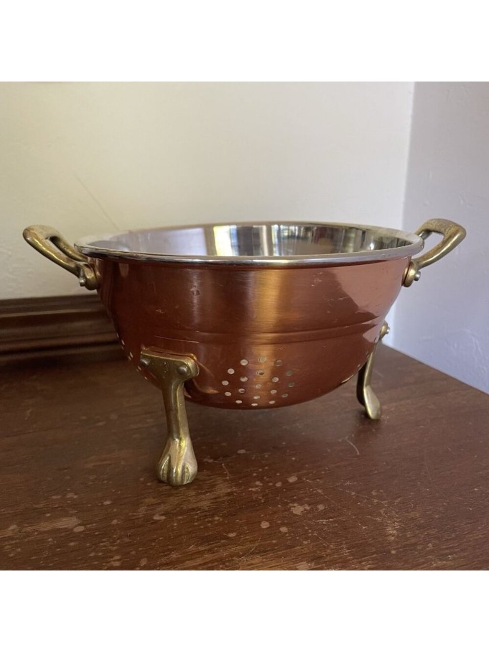 Vintage Copper & Brass Berry Colander / Strainer W Handles 3 Claw Footed 6" Dia.
